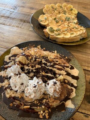 Banana and chocolate pancakes with coconut cream at Brew and Breakfast in Da Lat