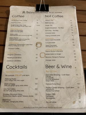 Drinks menu at Brew and Breakfast in Da Lat