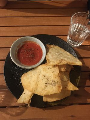 Homemade tortilla chips and salsa  at Brew and Breakfast in Da Lat