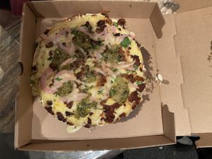 Vegan Chorizo and cheese pan pizza at Bourbon & Branch in Philadelphia