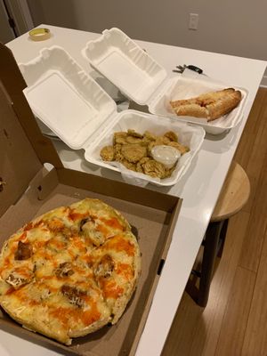 Buffalo pizza, fried pickles, and chicken parm sandwich. Greasy greasy at Bourbon & Branch in Philadelphia