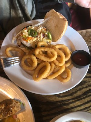 vegan banh mi burger with vegan onion rings! at Bourbon & Branch in Philadelphia