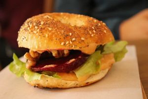 beetroot and bean spread bagel at Beigelistai  in Vilnius