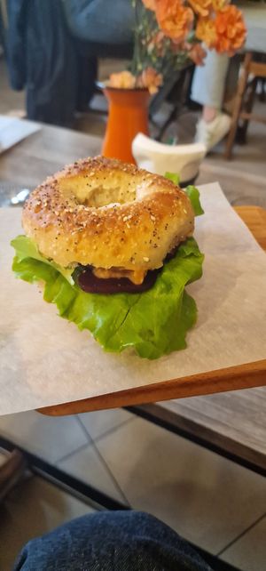 Beetroot & walnut bagel. at Beigelistai  in Vilnius