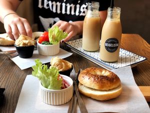 Hummus bagel and soy ice coffee  at Beigelistai  in Vilnius