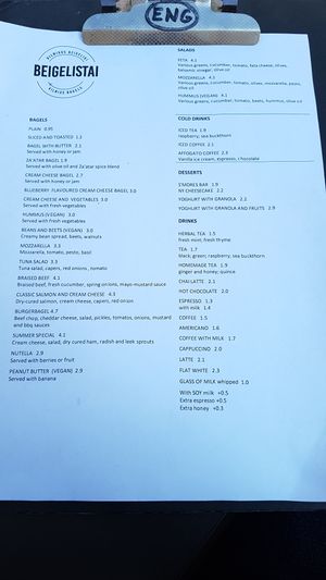 Menu at Beigelistai  in Vilnius