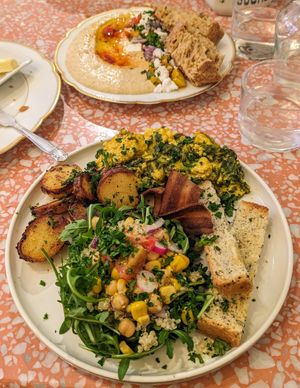Breakfast brunch, and hummus feta plate at Jo and Nana Cakes in Paris