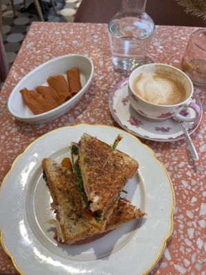 Grilled cheese and vegan salmon on the side  at Jo and Nana Cakes in Paris