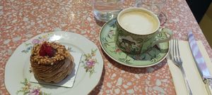 Paris Brest and coffee with foamy milk at Jo and Nana Cakes in Paris