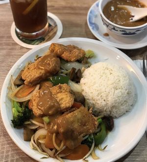 Tofu with Peanut Sauce, vegetables and rice   at White Lotus in Darmstadt