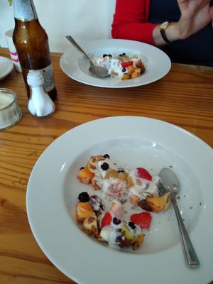 Fruit salad with vegan yoghurt. at B£ Surplus Canteen in South West London