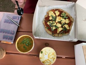 Pizza and North African red lentil soup at Shayna B's By The Sea in Westbrook