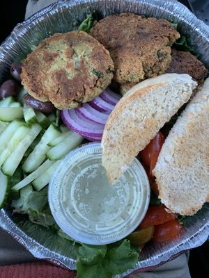 Falafel plate (?) to go — the falafels were so soft and delicious  at Shayna B's By The Sea in Westbrook
