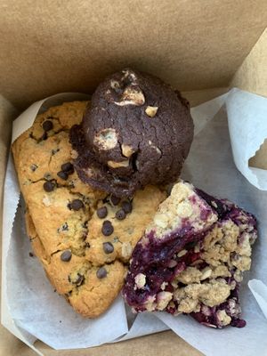 Desserts 😋 A scone, brownie cookie, and fruit square!  at Shayna B's By The Sea in Westbrook