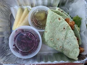 Buffalo Cauliflower Wrap to go (I LOVE the sides too!)  at Shayna B's By The Sea in Westbrook