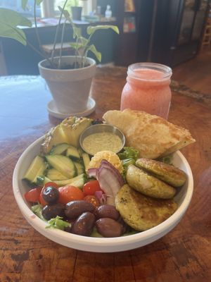 Falafel Bowl & Strawberry Lemonade Slushy   at Shayna B's By The Sea in Westbrook