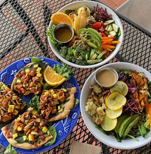 Hawaiian Pizza and Nourish Bowl  at Shayna B's By The Sea in Westbrook