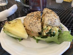 Breakfast sandwich on an everything bagel   at Shayna B's By The Sea in Westbrook