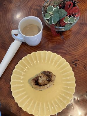 Cinnamon bun and coffee   at Shayna B's By The Sea in Westbrook