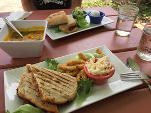 BBQ Jackfruit Panini, Mexican Panini, Carrot-Ginger Soup - al fresco! at Shayna B's By The Sea in Westbrook