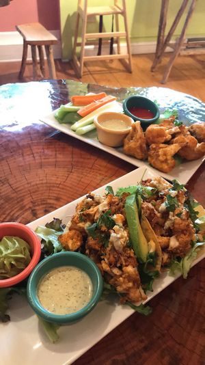 Buffalo cauliflower and buffalo tacos at Shayna B's By The Sea in Westbrook