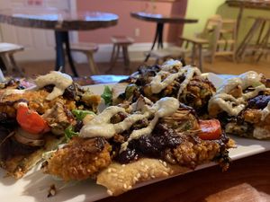 BBQ “chicken” pizza. Vegan heaven.  at Shayna B's By The Sea in Westbrook