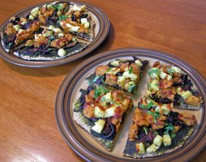 pandemic-closedown take-home Hawaiian pizza, with no onions or garlic by special request at Shayna B's By The Sea in Westbrook