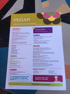 Vegan menu at Metro Lounge in Amersham