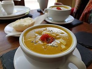 Roasted Vegetable Soup with trimmings! at The Mortar & Pestle Vegan Tearoom in Dymchurch