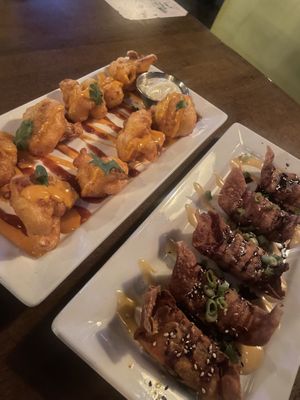 Cauli buffalo wings and tofu wontons   at Beelman's in Los Angeles
