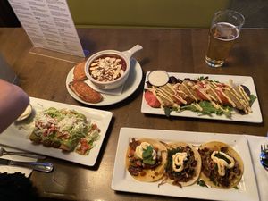 Green tomatoes chili tacos and tacquitos  at Beelman's in Los Angeles