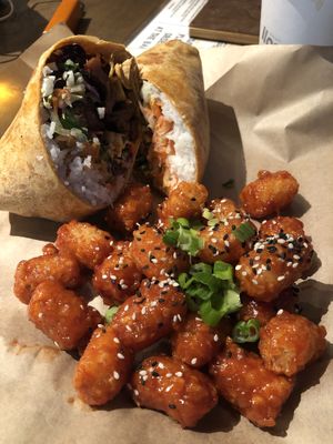 Ficken wrap and bbq tots  at Beelman's in Los Angeles