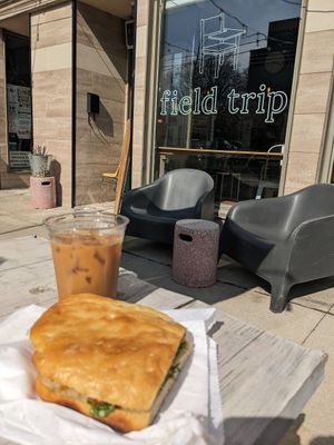 Vegan mushroom sandwich and oat ice latte at  Field Trip Cafe in Toronto