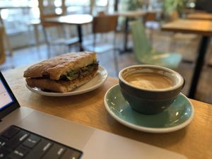 Vegan mushroom sandwich + oat milk cappuccino  at  Field Trip Cafe in Toronto