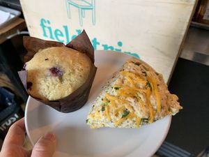Blueberry muffin and cheddar and chive scone (both vegan) at  Field Trip Cafe in Toronto