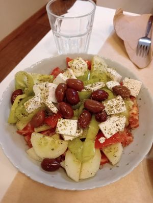 Greek salad with vegan feta at Peas in Athens