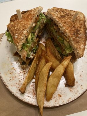 Vegan club sandwich with seitan and avocado  at Peas in Athens