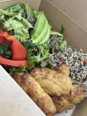 Buddha bowl with tofu nuggets  at Peas in Athens