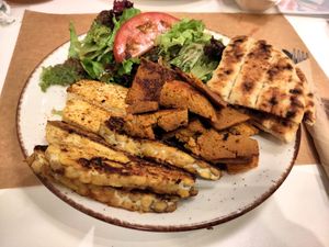 Seitan, tofu and tempeh platter at Peas in Athens