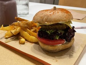 Quinoa lover burger (€7.50) with cheese (€1) and fries (€2)  at Peas in Athens