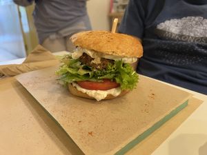 Lentil quinoa burgerrs  at Peas in Athens
