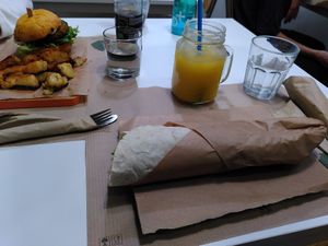 Quinoa Lover with fries, Tortillas Buenas and orange juice at Peas in Athens