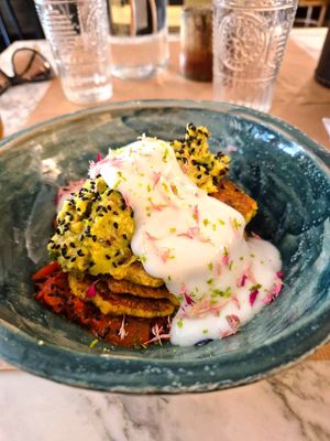 Great food! Creative and tasty.. I ate the corn pancakes with shakshuka with very special coconut toping... Delicious! 😋 at Peas in Athens