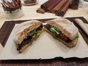 Burger with mushrooms and herbs at Peas in Athens