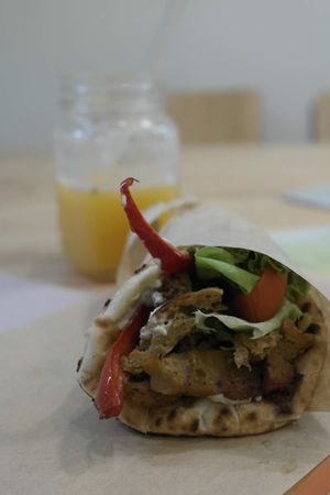 Souvlaki wrap with seitan and yoghurt sauce at Peas in Athens