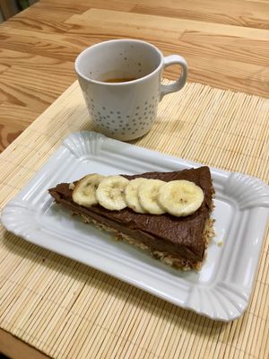 Raw tart with avocado, cocoa and banana  at Peas in Athens