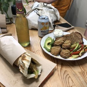 The seitan wrap and tofu nugget breakfast plate at Peas in Athens