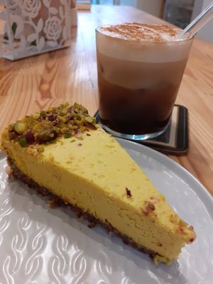 Lemon cake and iced cappucino at Peas in Athens