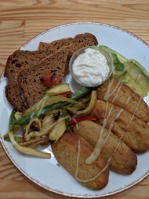 one of the breakfast plates with tofu nuggets at Peas in Athens