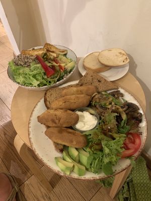 Tofu nugget platter and Buddha bowl at Peas in Athens